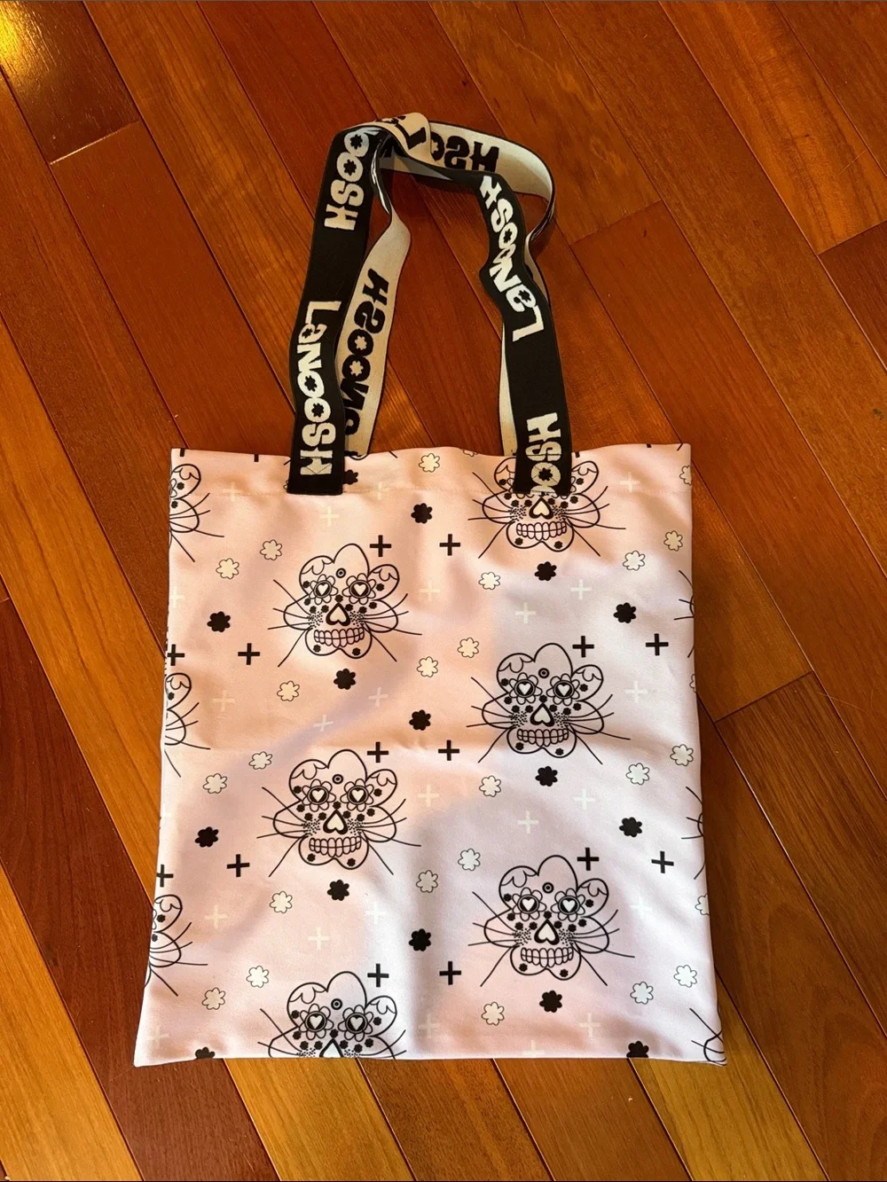 Pink with Black & White Floral Skull Tote Bag with Logo Strap